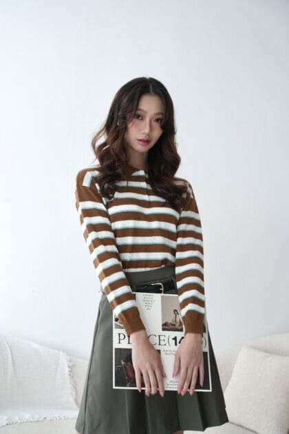 Stripe Knit Blouse in Brown (Free Size)