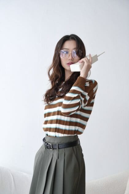 Alternative view of Stripe Knit Blouse in Brown (Free Size)